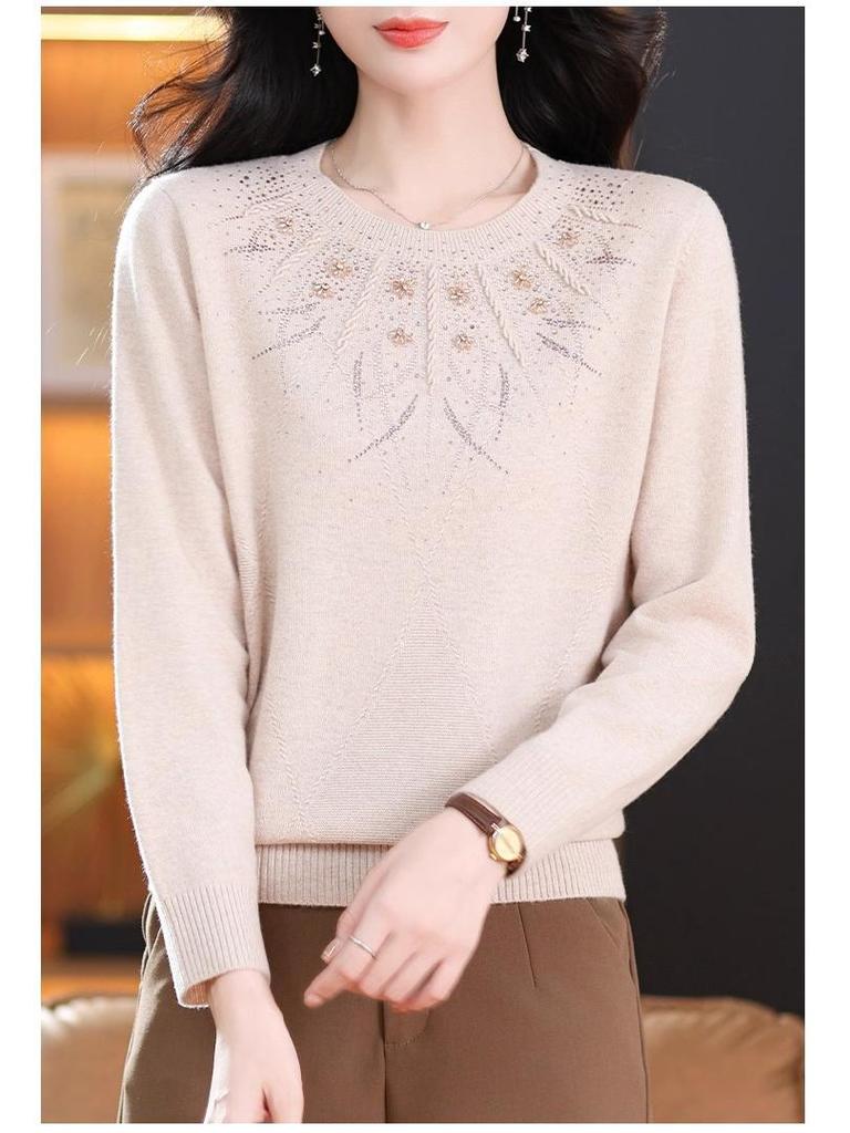 Premium Plus-Size Women's Pure Wool Sweater: Autumn/Winter Low Round Neck for Middle-Aged & Elderly