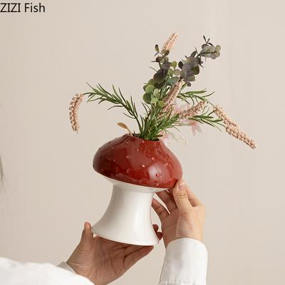 Creative Mushroom Shape Ceramic Vase Plant Pot Table Decoration Flowers Arrangement Artificial Flower Vases Room Aesthetic Decor