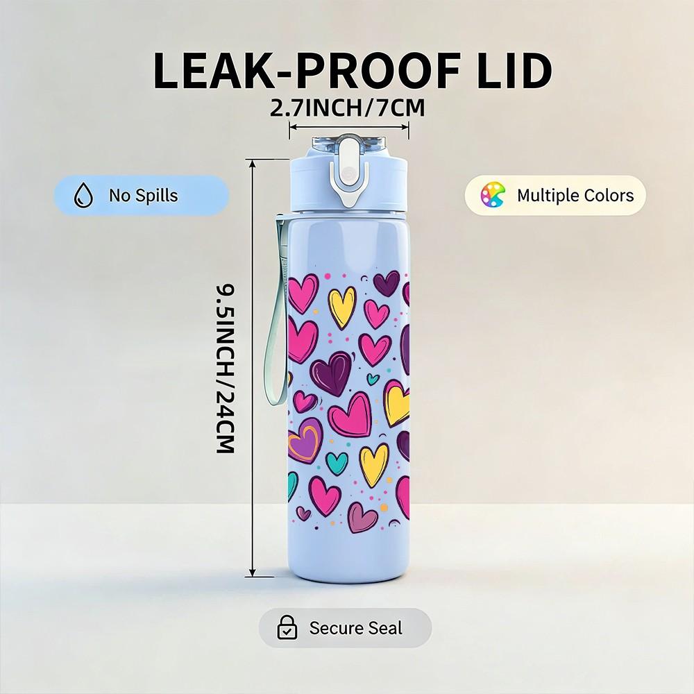 1PC Purple Pink Heart Confetti Pattern 750ml Color Plastic Sports Water Bottle Leakproof Flip Straw Lid Suitable for Sports Office Home Use