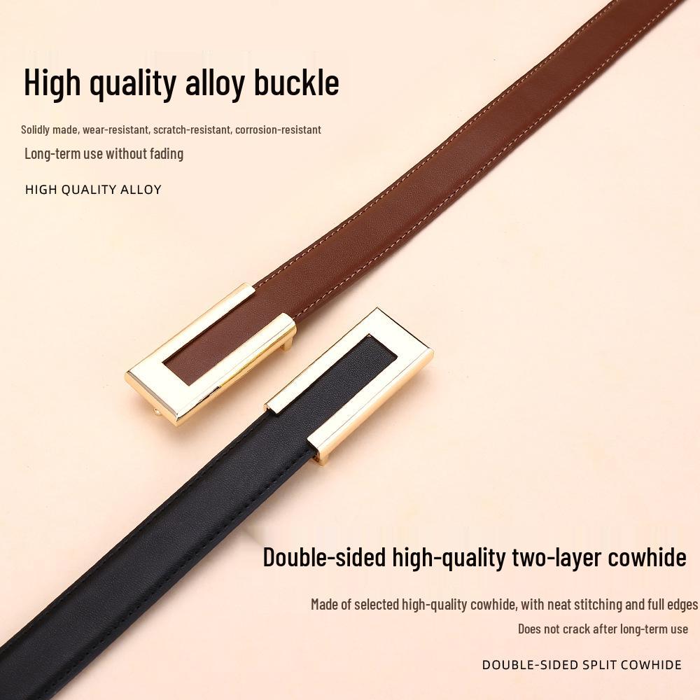 Women's Fashionable Gold Buckle Leather Belt - Versatile Cowhide Waistband for Dresses and Pants