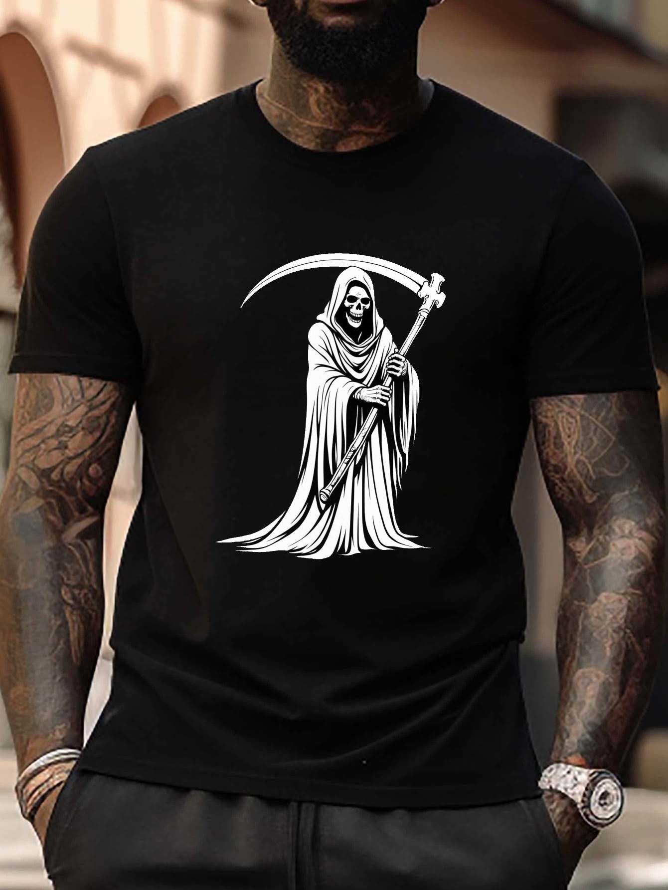 

Scythe Grim Reaper Monochrome Silhouette Graphic T-shirt - Plus Size Casual Short Sleeve Round Neck Summer Tee XL
