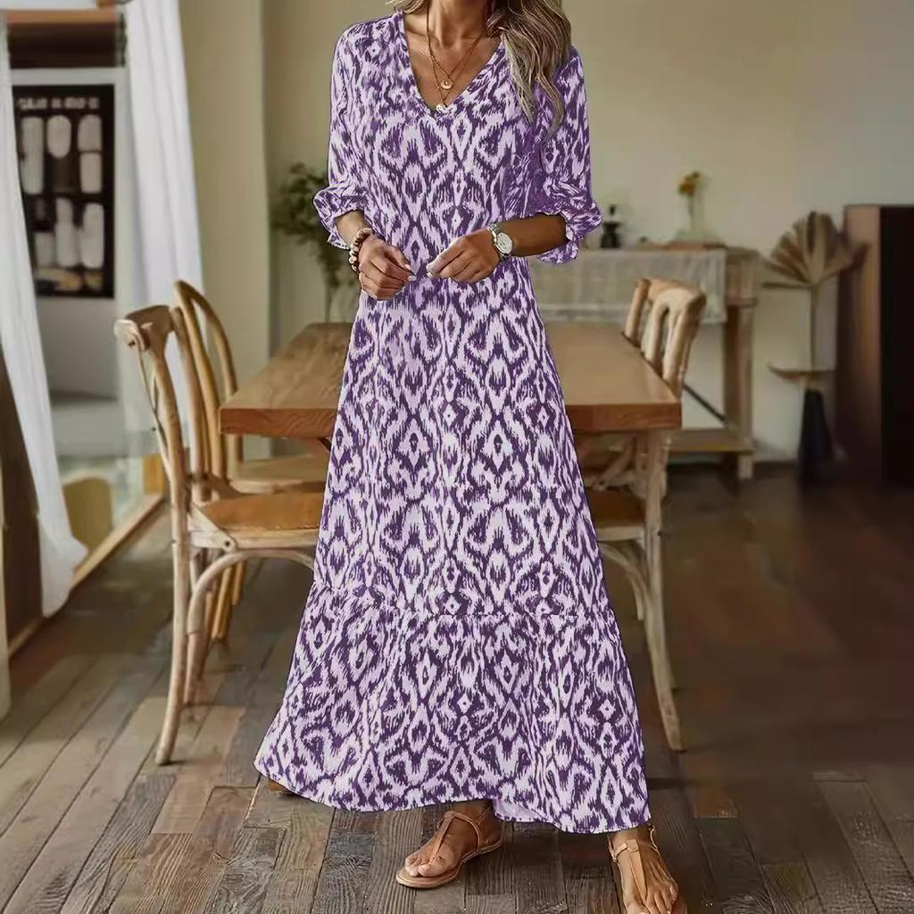 European and American Independent Station Autumn and Winter Fashionista Casual Sweet Loose V-Neck Printed Medium Sleeve Long Dress