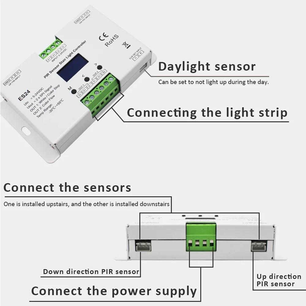 PIR Sensor Stair Controller ES24 24CH Single Color RGB Pixel SPI LED Strip Dimmer Indoor Stairway Light Led Controller DC 5V-24V