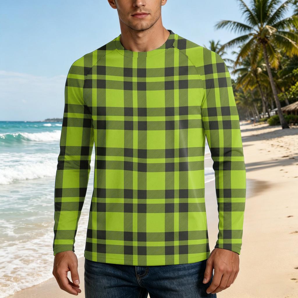 Men Long Sleeve UPF 50 Plus Sun Protection Shirt Outdoor Sports Fishing Casual Top Lightweight Breathable Quick Dry Crewneck Plaid Design