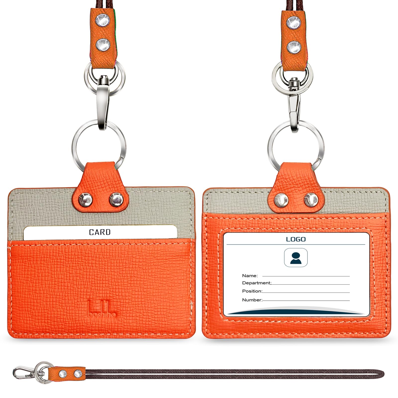 

boshiho Кожаный ID-карточка с ремешком и ID-карточкой для ключей, Имя ученика старшей школы, Вход, Оранжевый держатель, Горизонтальный, Кольцо, Двусторонние слоты,