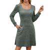 2025 Women's Square Neck Pocket Knit Sweater Dress - Long Sleeve Casual Fashion