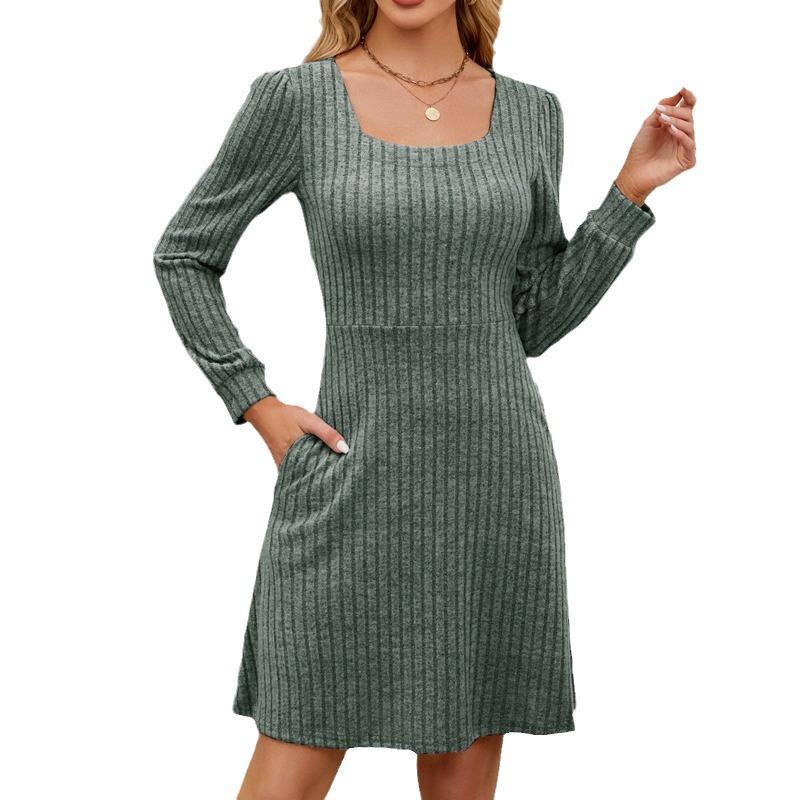 2025 Women's Square Neck Pocket Knit Sweater Dress - Long Sleeve Casual Fashion