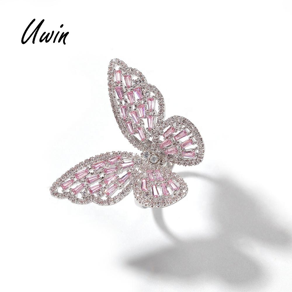 Hip Hop Pink Butterfly Ring Cubic Zirconia Gold Plating Baguette CZ Toe Finger Ring Women Rapper Bling Bling Jewelry