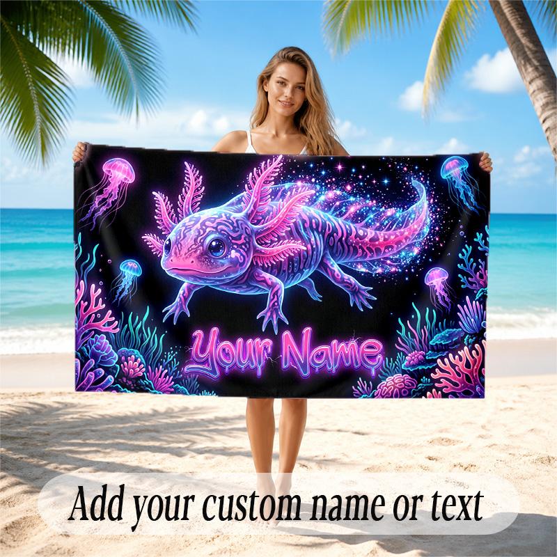 Axolotl Theme Quick Dry Beach Towel Custom Name Text Print Large Sand Resistant Towel Beach Vacation