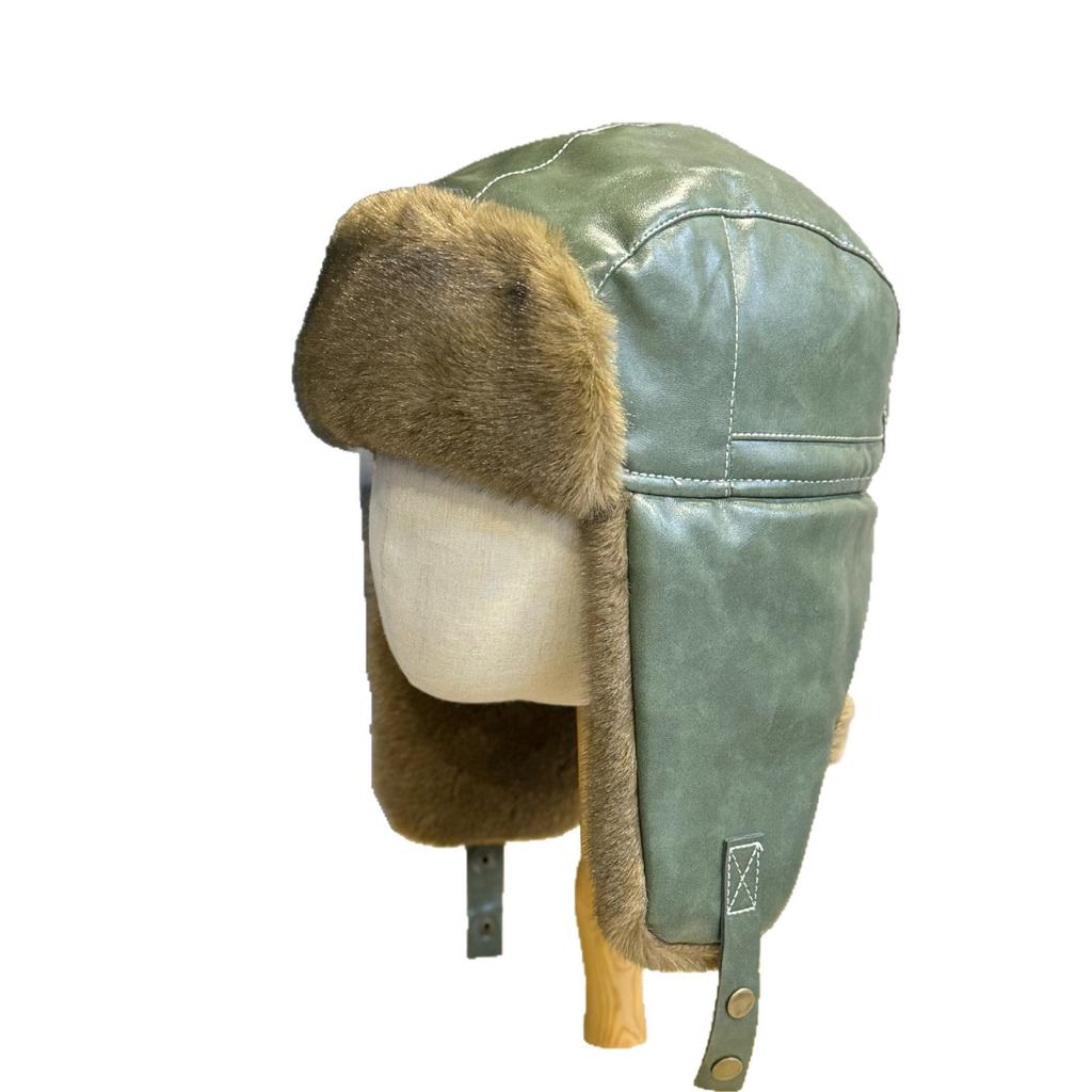 New thickened leather aviator hat for men, winter warm outdoor cycling ear-protecting cotton hat, faux cowhide hat, trendy