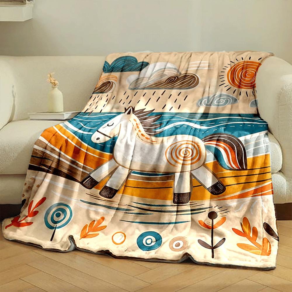 A Stylized Horse Amidst Swirling Patterns of Sun, Rain, and Nature. for All Seasons Blanket Lunch Break Throw Gift