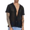 Men Summer Shirt Solid Color Hollow Out Lapel Short Sleeves Single-breasted Daily Wear Loose Breathable Men T-shirt Men Clothes