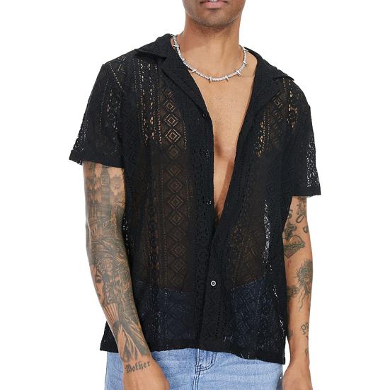 Men Summer Shirt Solid Color Hollow Out Lapel Short Sleeves Single-breasted Daily Wear Loose Breathable Men T-shirt Men Clothes