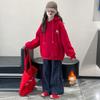 Girls' Plus Velvet Hooded Embroidered Sweatshirt, Red New Year 2026 Horse Zodiac Outfit for Big Kids