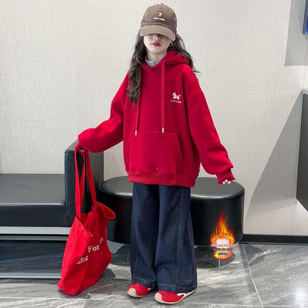 Girls' Plus Velvet Hooded Embroidered Sweatshirt, Red New Year 2026 Horse Zodiac Outfit for Big Kids
