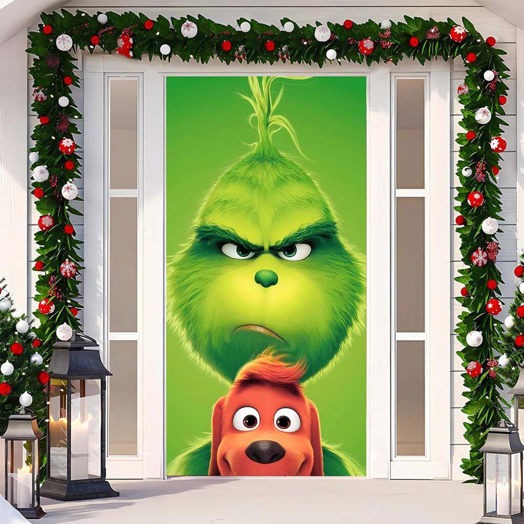 Capa de Porta de Natal Pano Decorativo Pendurado Capa de Porta Verde Cortina de Porta de Natal Tapeçaria de Ano Novo Fundo de Capa de Porta