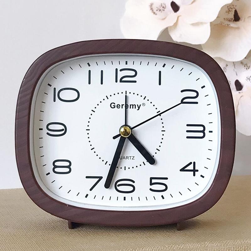 Simple nostalgic imitation wood grain alarm clock household desktop square clock ornament student bedside clock