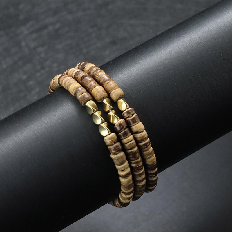 

New 3 Pieces Men Bracelet Set 4mm Rice Bead Braclet Homme Natural Wooden Braslet Irregular Copper Charm Stone Brazalete Pulseira M 19.5cm 7.7Inch
