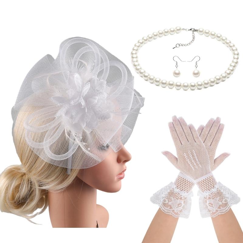 Lace Flower Fascinator Hat Hairband Necklace Gloves for Cocktails Event Dressingup Roleplay Flapper Costume Accessories
