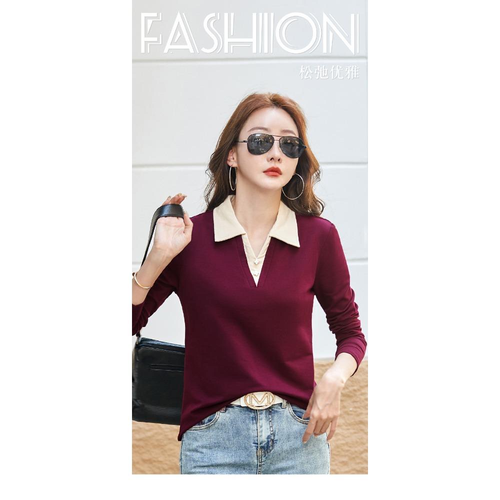 Autumn Winter Women's Long Sleeve T-Shirt Lapel Collar Casual Top