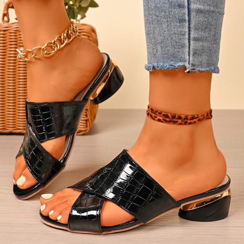 New Style Fashion Women's Gold Low Heels Sandals Women Summer Square Toe Thick Heeled Slippers Woman Plus Size 43 Outdoor Slides