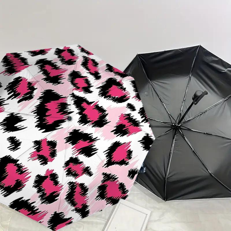 1PC Leopard Print Pink Umbrella-8-Rib Reinforced, Automatic Open, Lightweight & Durable, Cute Fashion Accessory for Outdoor-A1310