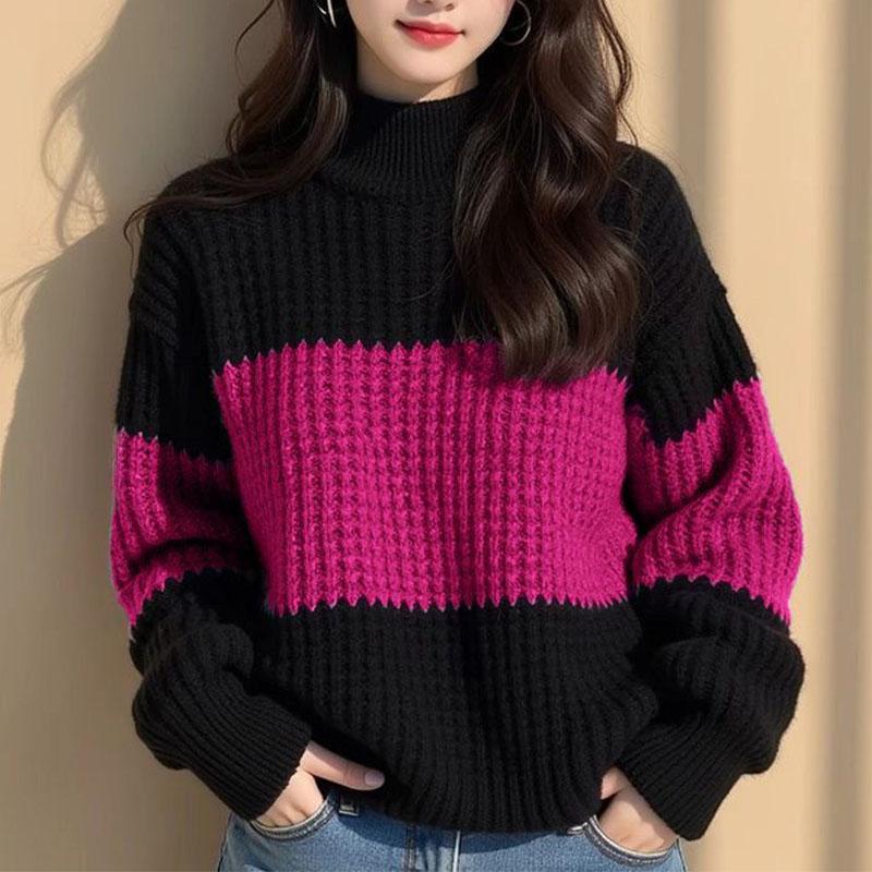 

Свитер контрастного цвета с полувысоким воротником, женская одежда, зимняя мода, с длинным рукавом, свободный, вязаный, доступный, эластичный пуловер 4XL фиолетовый