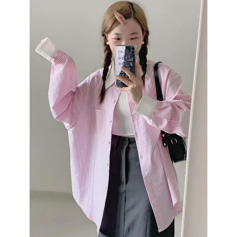 Růžová bílá pruhovaná dámská košile s dlouhým rukávem, kontrastní barva, ležérní korejská minimalistická volná dámská bunda