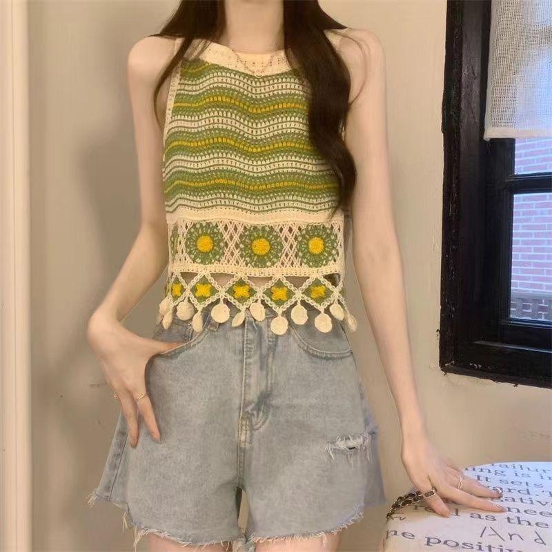 Hollow Flower Embroidery Knitted Crochet Camisole Summer Women's Retro Ethnic Design Tassel Short Top