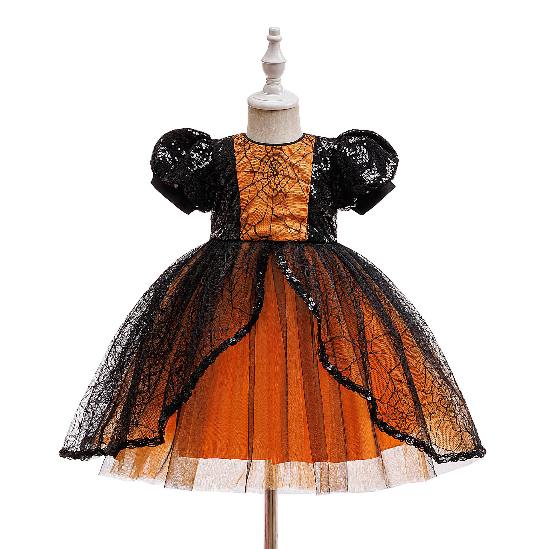 

European-American Girl s Halloween Spider Web Sequin Patchwork Festival Dress 120cm