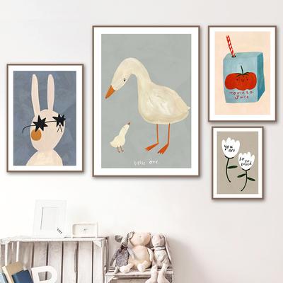 Cute Rabbit Bird Geese Flower Poster Prints Pictures Canvas Cartoon Art Wall Decoration Home Paintings Baby Kids For Living Room