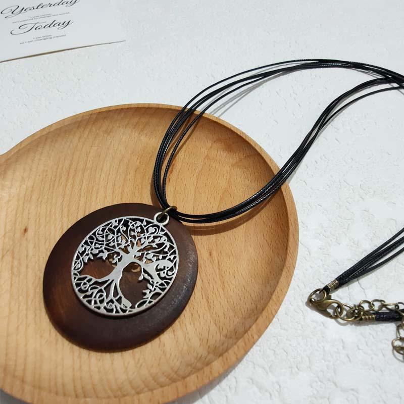 New Retro New Chinese Style Cotton and Linen Hollow Accessories Wooden Leaf Long Necklace Women's Necklace