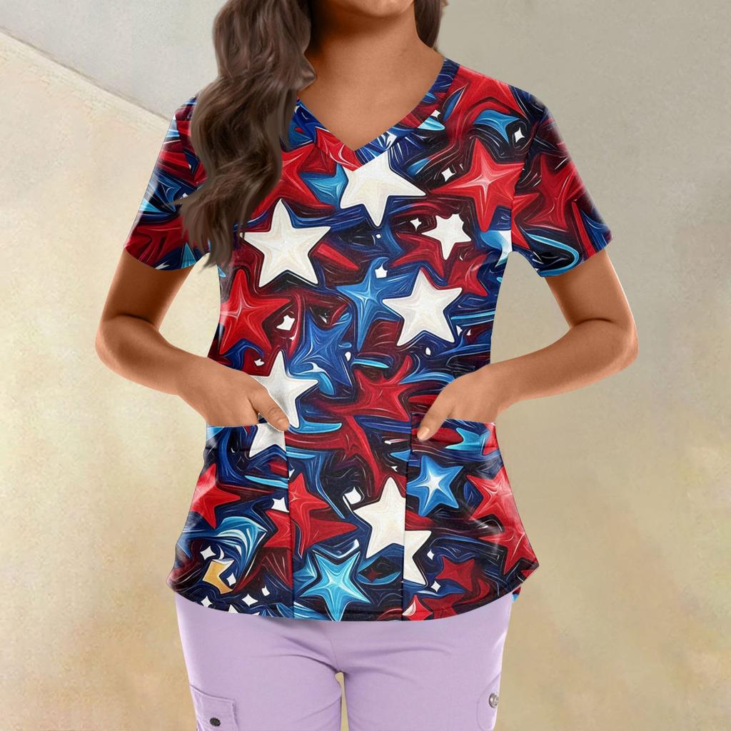 Plus Size Printed Scrub Working Uniform Tops For Women's Cross V Neck Independence Day Print Short Sleeve Fun T-Shirts Workwear Tee With Pockets