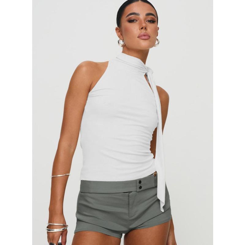 T-shirt Top da Donna Estiva a Maniche Corte, Collo Alto, con Fiocco Legato
