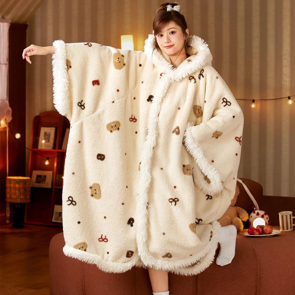 

New Cute Blanket Hooded Cloak Coral Velvet Pajamas Women s Autumn Winter Thickened Robe Blanket Multifunctional Thermal Products 65KG