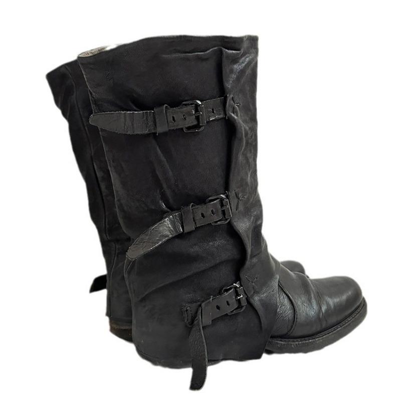 Vintage Knee High Boots Belt Buckle Round Toe Flat With Turned-Over Edge Genuine Leather Solid Color Elegant Sexy Shoes