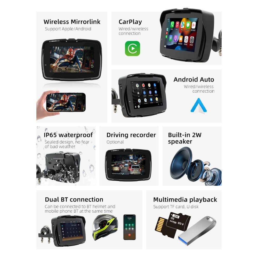 5 zoll Tragbare Motorrad GPS Navigation LCD Display Bildschirm Drahtlose Android Auto Carplay IPX7 Wasserdicht Monitor Moto Auto Spielen