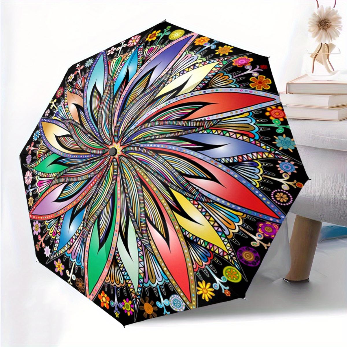 

1pc Automatic Folding Umbrella with Vibrant Mandala & Floral Pattern - 8-Rib Portable Design, Durable & Lightweight for Outdoo (as the picture,Iron&8K)