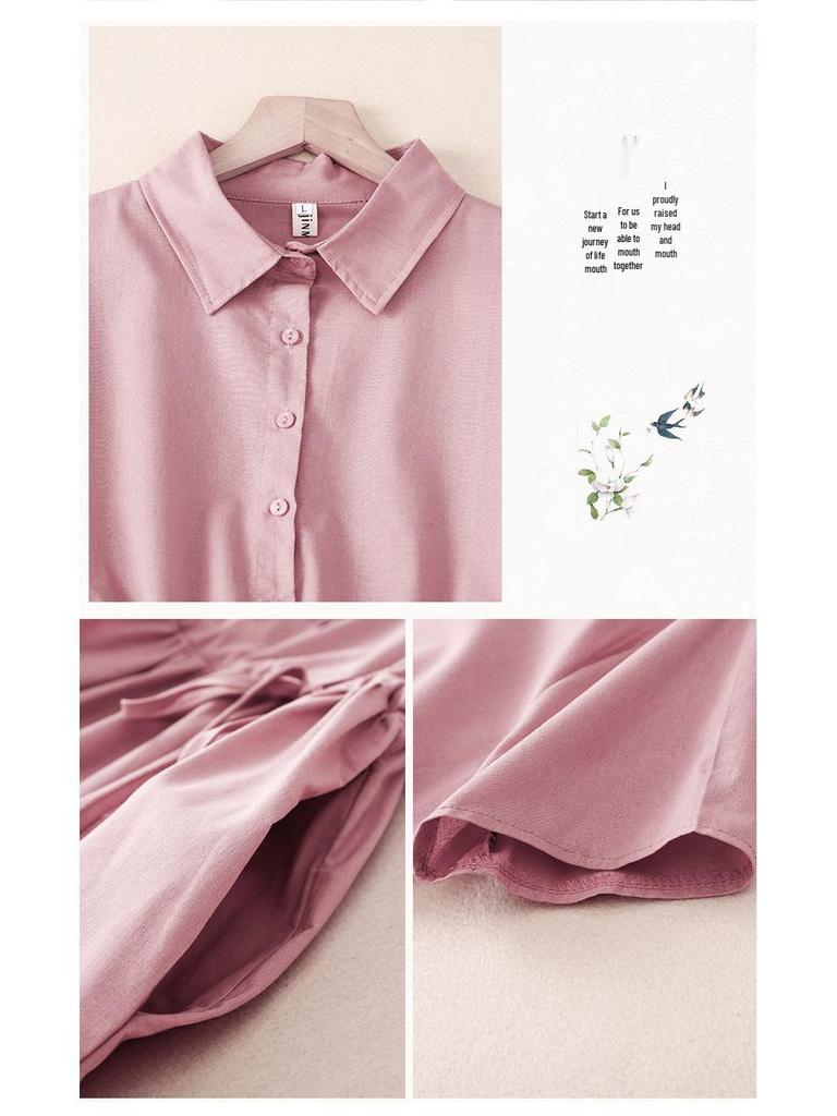 Xinxing 2025 Summer Cotton Linen Retro Short Sleeve Mid-Length Shirt Dress for Women