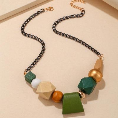 Geometric Wooden Retro Ethnic Style Necklace Color Blocked Handmade Necklace Women's Bead Necklace Accessories