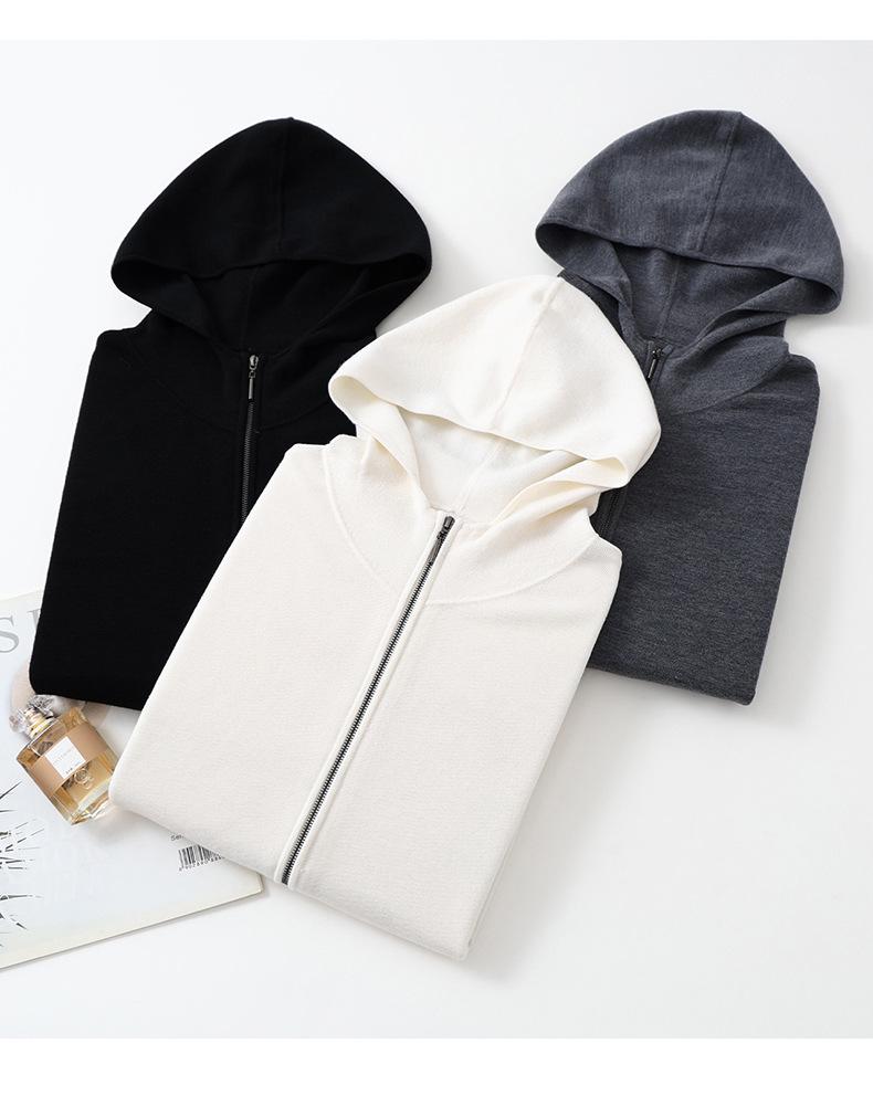 2026 Spring/Summer Women's Fine Wool Hooded Knit Cardigan - Solid Color, Double Zipper Design.