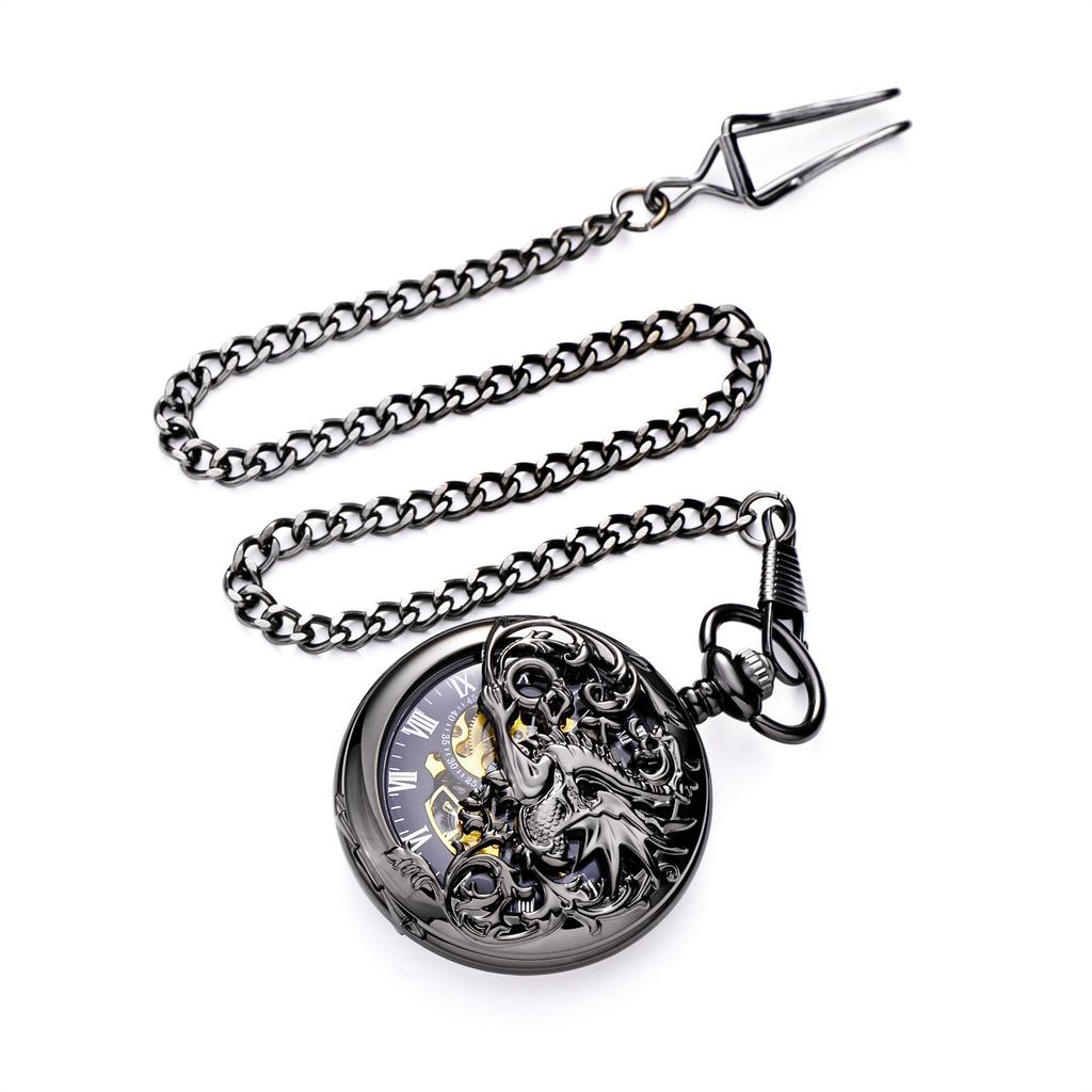 TREEWETO Mechanical Hand-Wound Pocket Watch with Double-Sided Lid, Dragon Openwork Skeleton Design, and Chain
