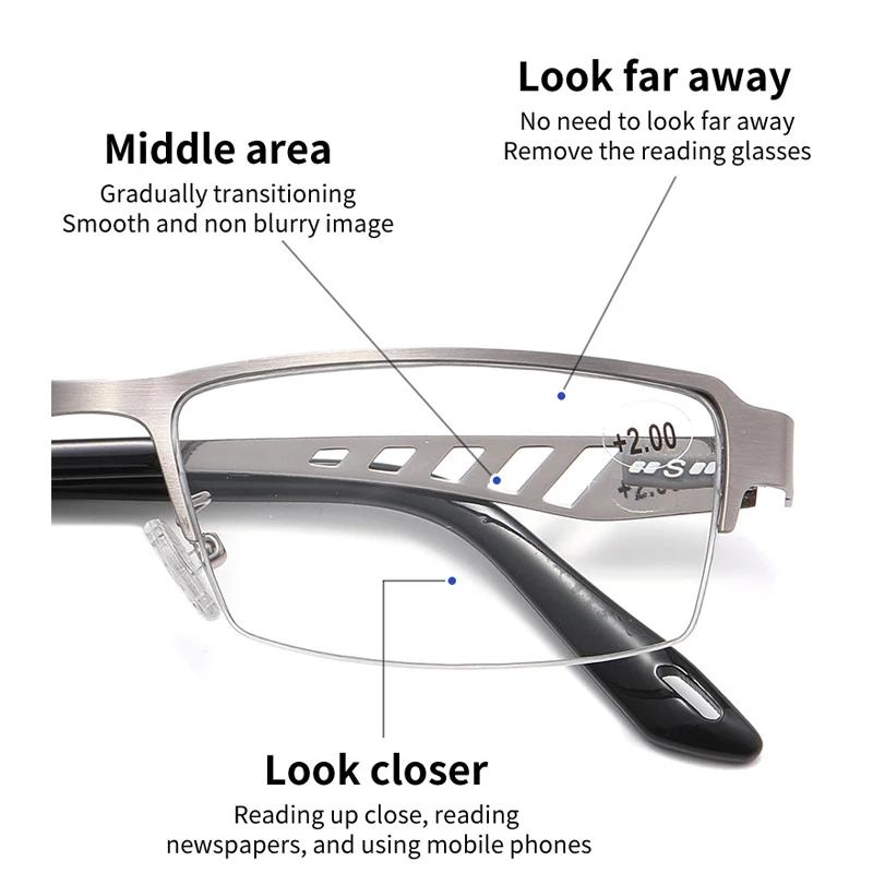 Metal Frame Pochromic Glasses Trendy Business Multifocal Reading Glasses Women Men Half Frame Color Changing Presbyopia