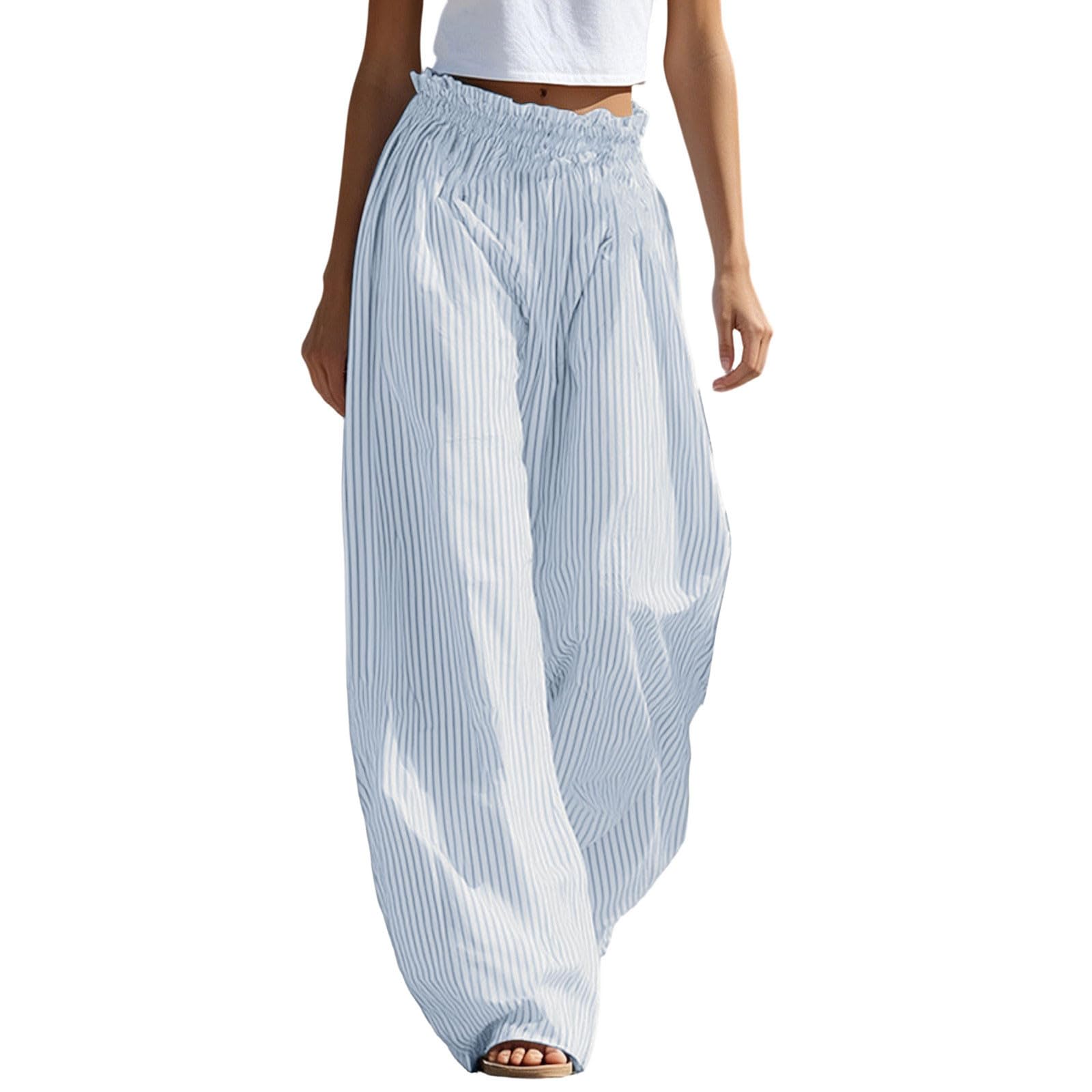 Women s Casual Straight Leg Pants Summer Loose Fit Elastic Cuff Drawstring Pants L синий