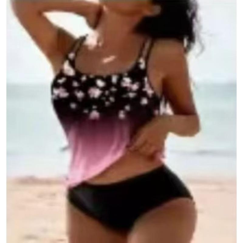 Bikini Stampato a Vita Alta Diviso Costume da Bagno con Spallina Stampata da Spiaggia