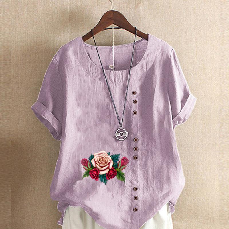 Women's Fashion Flowers Prined Short Sleeve T-shirt Loose Cotton Shirt Casual Loose Summer Blouse Tops Plus Size