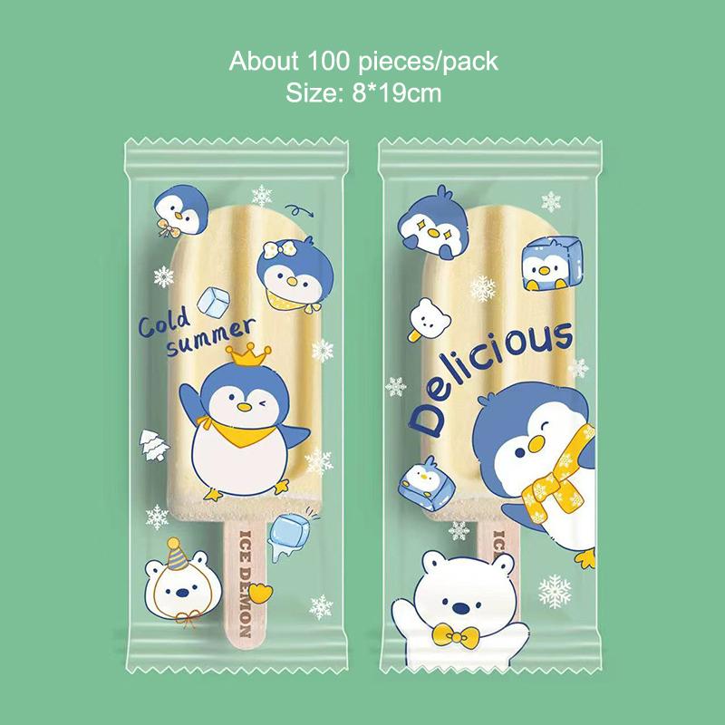 100Pcs Cute Cartoon Food Grade Ice Cream Bags Disposable Plastic Popsicle Protective Cover Storage Packing Bag Diy