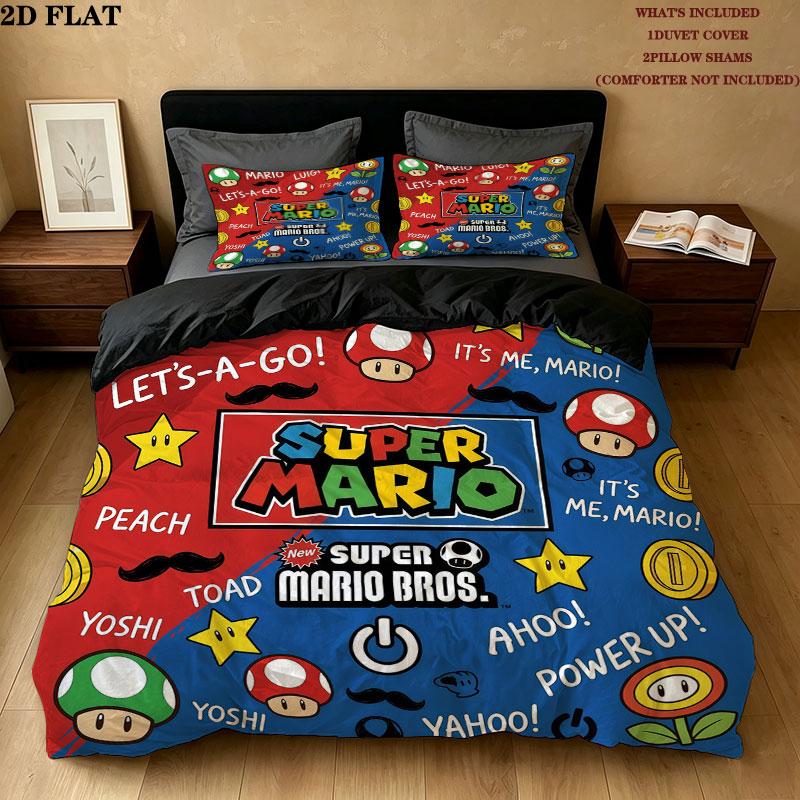 Super Mario Pattern Bedding Quilt Set Quilt Cover Pillowcase Home Birthday Gift(1 * duvet cover + 2 * pillowcase, without core)