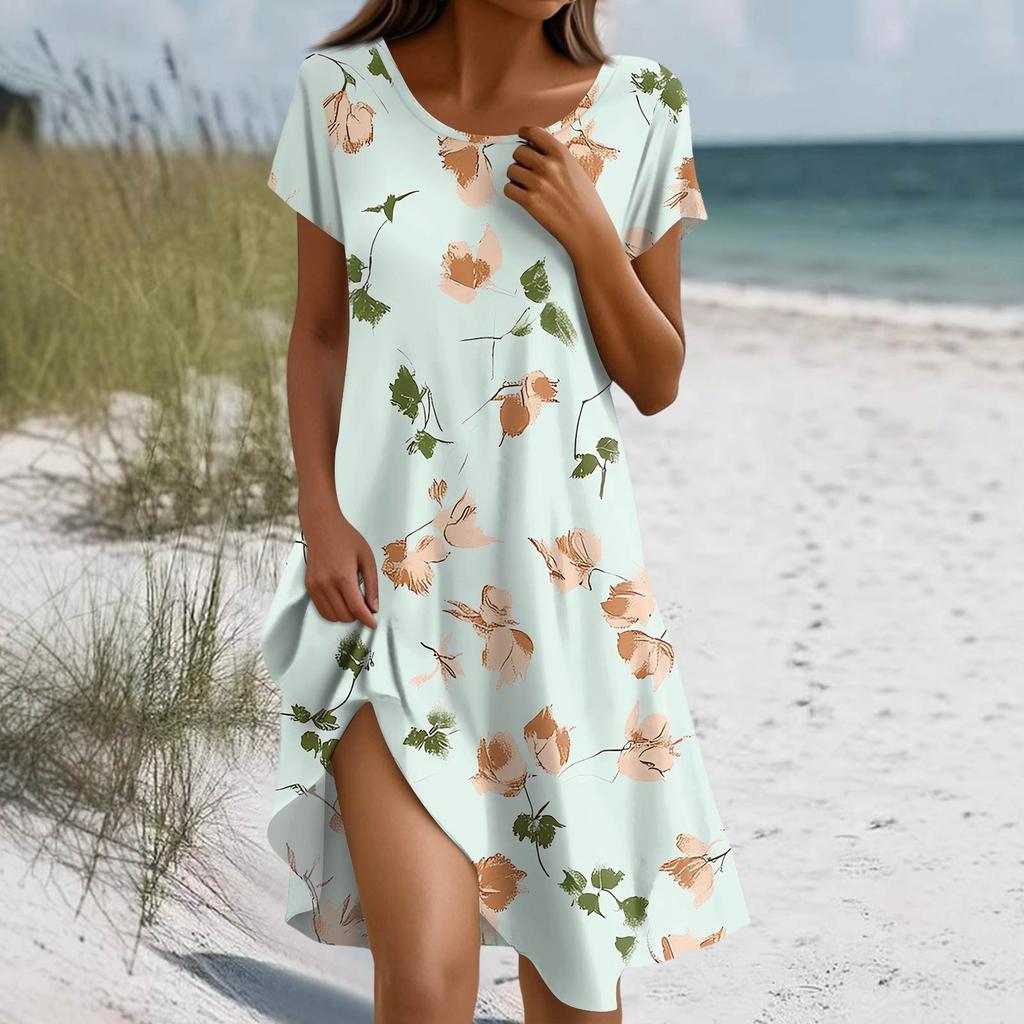 Women's Summer Short Sleeve Round Neck Floral Print Bohemian Dress With Pockets
