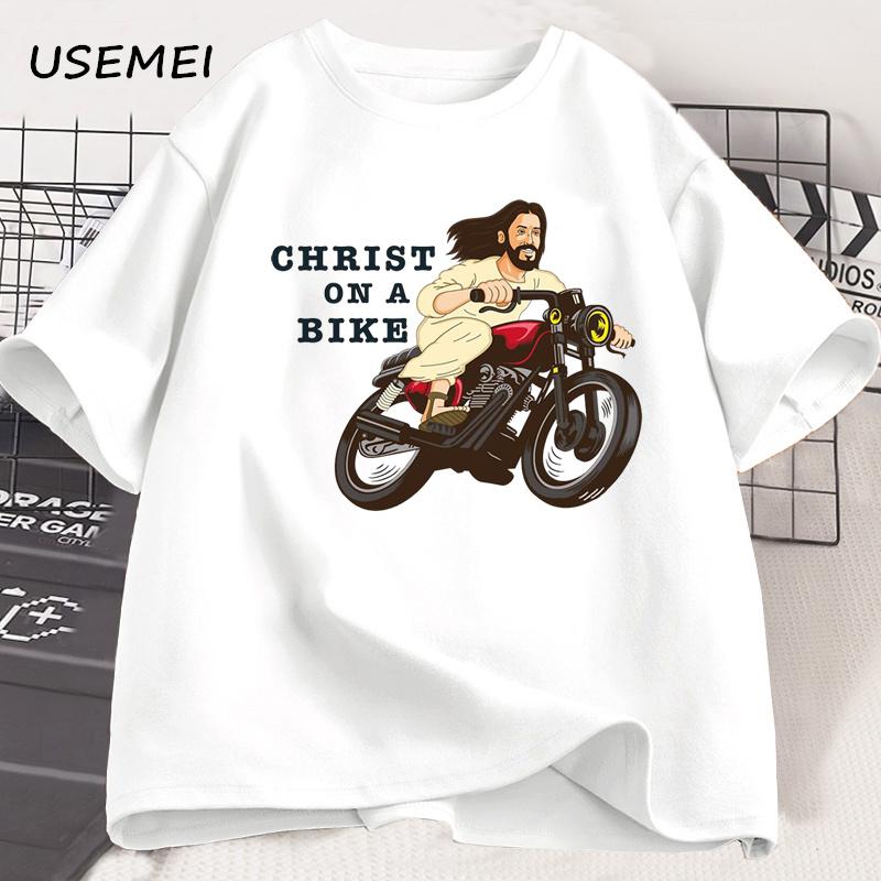 Christ auf einem Motorrad T-Shirt Lustig Religiös Herr Jesus Kirchengruppe Ostern T-Shirt Unisex Damen Baumwolle Kurzarm T-Shirt